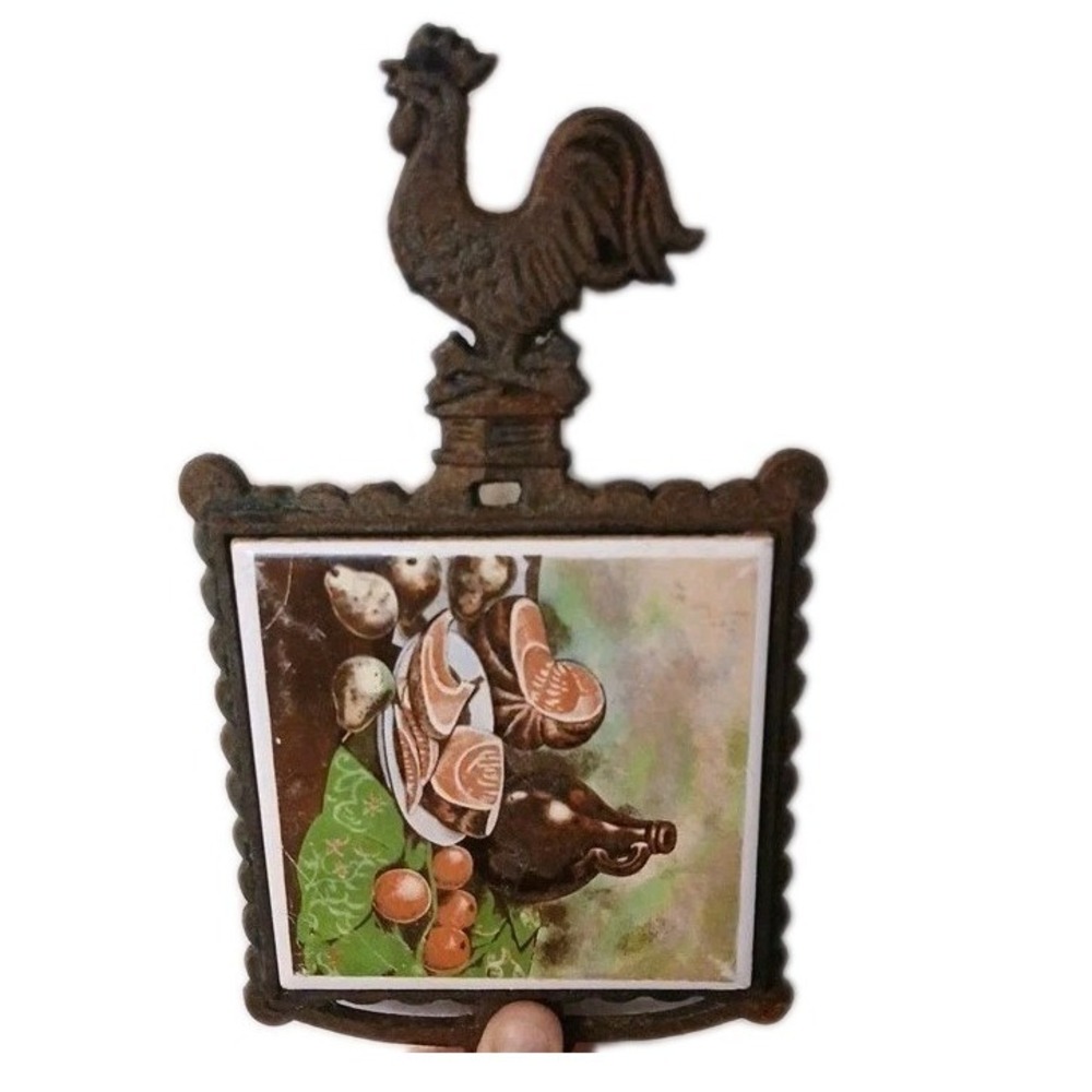VTG Cast Iron Metal Trivet Fruit Sideway Rooster Topper Footed Japan 1970s #95B5
